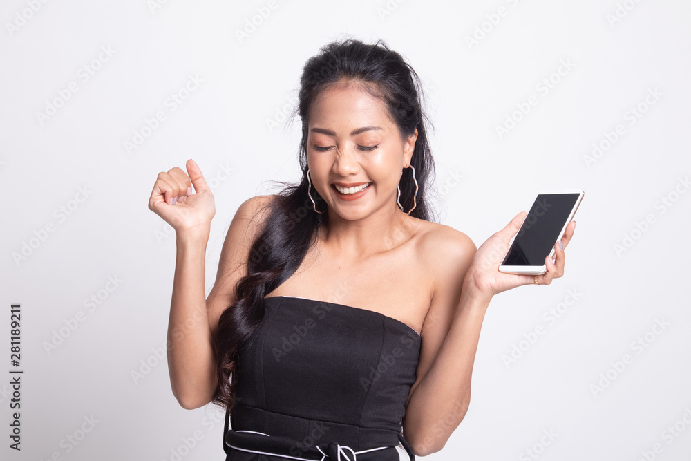 Happy Young Asian woman with mobile phone.