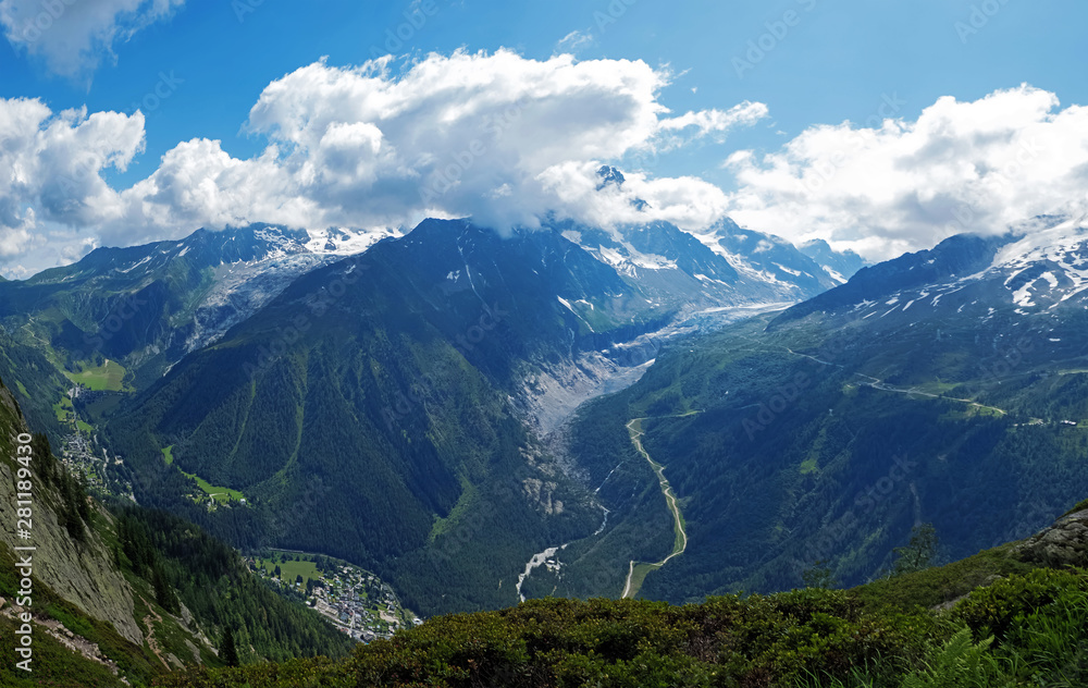 Beautiful panorama of French Alps with snowy peaks on summer