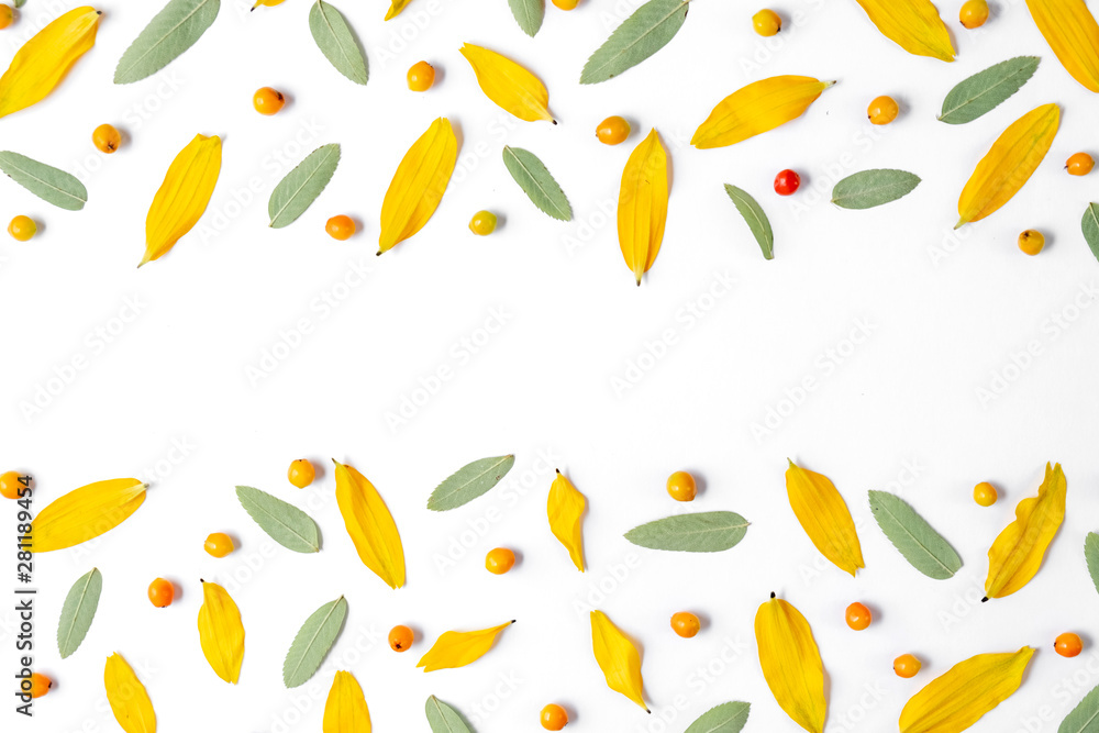Autumn creative composition. Wreath made of leaves and rowan on white background. Autumn, fall, halloween, thanksgiving day concept. Flat lay, top view, copy space Autumn creative composition. Wreath made of leaves and rowan on white background. Autumn, fall, halloween, thanksgiving day concept. Flat lay, top view, copy space