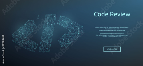 Code symbol in polygonal wireframe style. Concept of software development, code review. Vector template for banner, website, landing page.