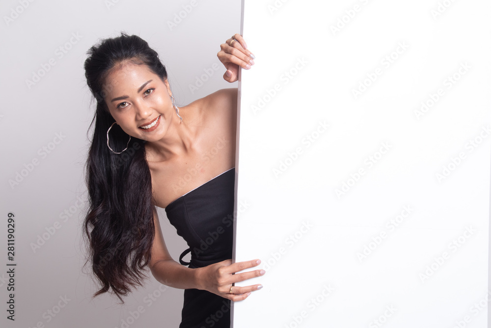 Young Asian woman with blank sign. Young Asian woman with blank sign.