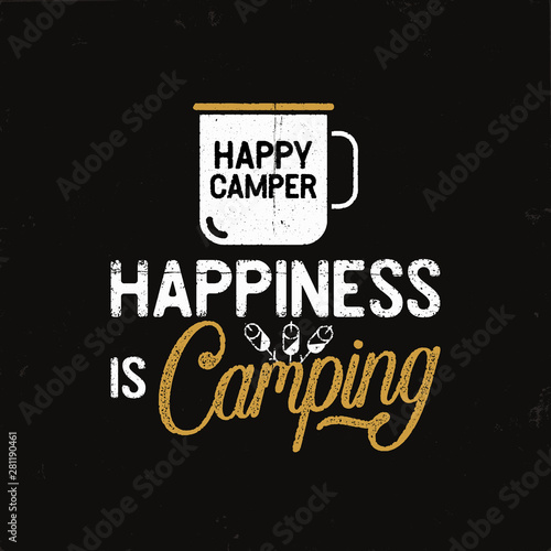 Hand drawn travel badge with camp mug, marshmallows and quote - Happiness is Camping. Stock wanderlust label isolated