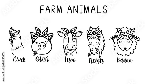 Hand drawn set of cute farm animals in vector.  