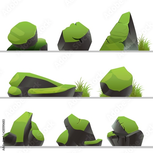 Set of stones covered with moss and grass. Stones of different shapes isolated on a white background.