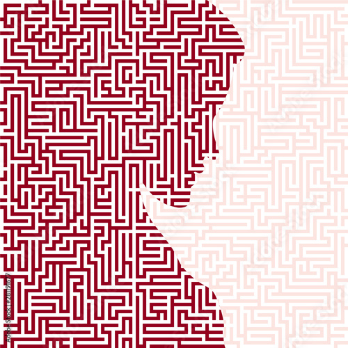 Melancholic woman silhouette with maze or labyrinth texture. Isolated.