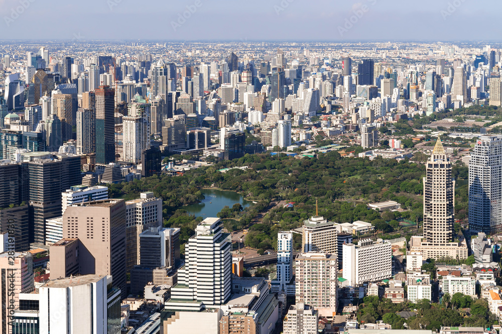 Obraz premium The Metropolitan Bangkok City - Aerial view urban tower Bangkok city Thailand on April 2019 , blue sky background , Cityscape Thailand