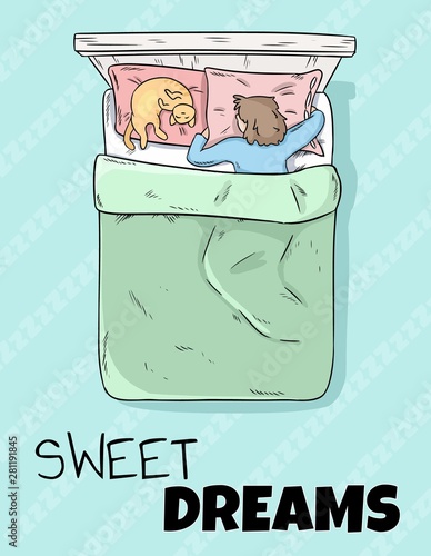 Sweet dreams cute postcard. Girl sleeping peacefully in her bed