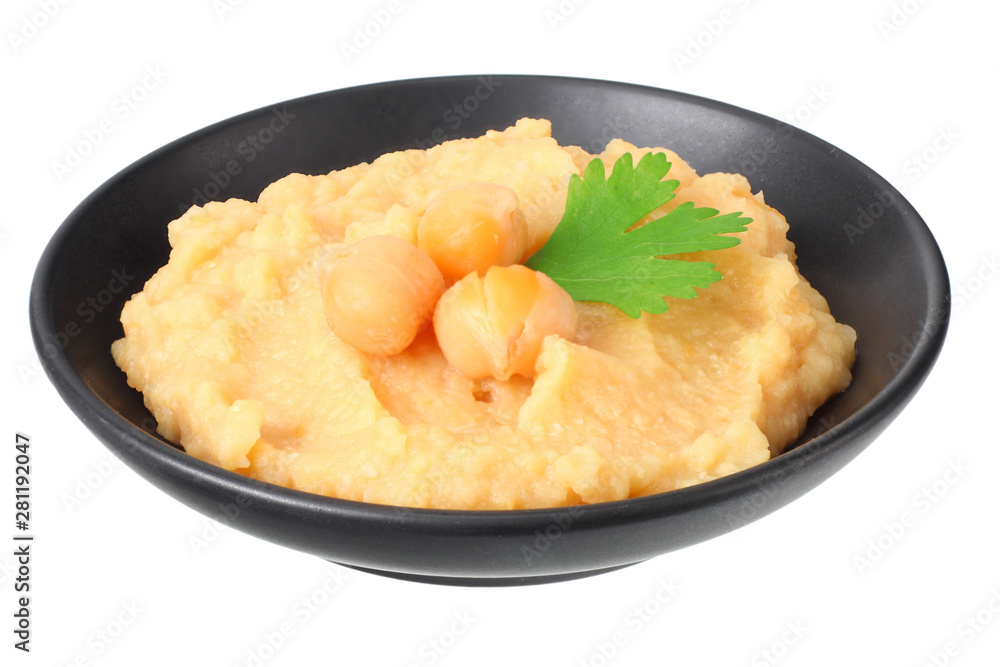 black bowl with chickpea hummus isolated on white background black bowl with chickpea hummus isolated on white background