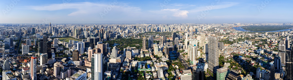 The Metropolitan Bangkok City - Aerial  Panorama view urban tower Bangkok city  Thailand on April 2019 , blue sky background , Panoramic Cityscape Thailand
