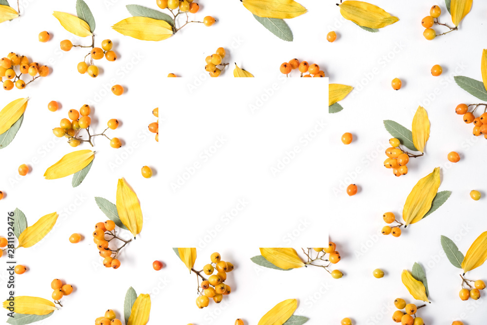 Autumn creative composition. Wreath made of leaves and rowan on white background. Autumn, fall, halloween, thanksgiving day concept. Flat lay, top view, copy space