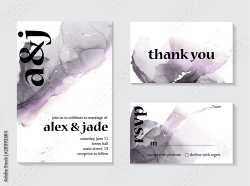 Abstract vector marble fluid in holographicgray violet purple colors. Watercolor paint texture with wedding invitation text, thank you card and rsvp design template.