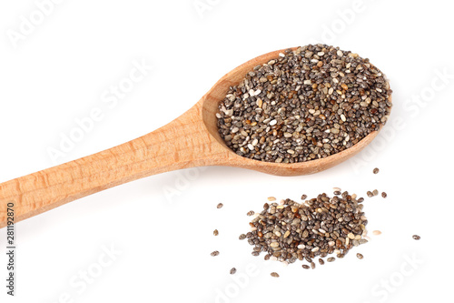 Chia seeds in wooden spoon isolated on white background