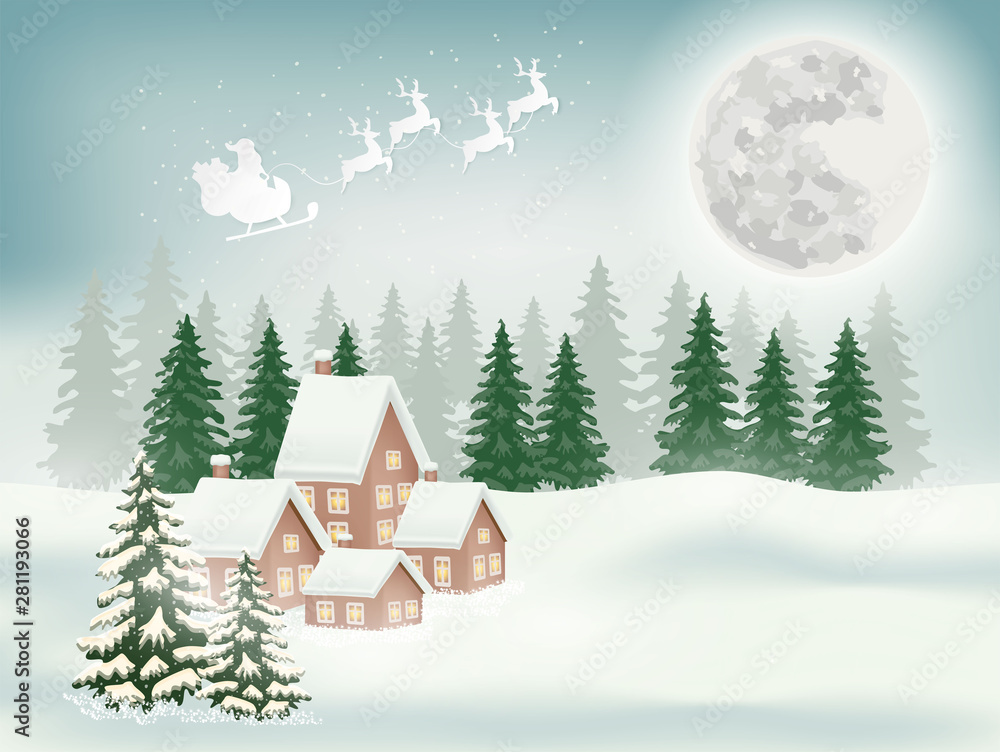 Christmas and happy new year vector background with Santa claus, reindeer, snowflake and village in the winter season