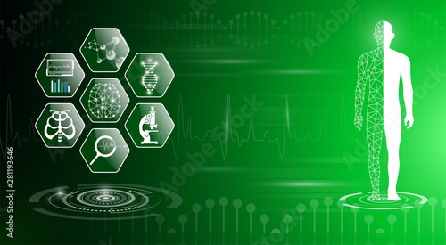 abstract background technology concept in green light,human body heal,technology modern medical science in future and global international medical with tests analysis clone DNA human