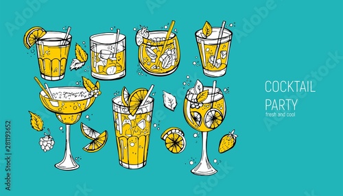 Set of classic alcoholic cocktails. Hand drawn vector illustration.