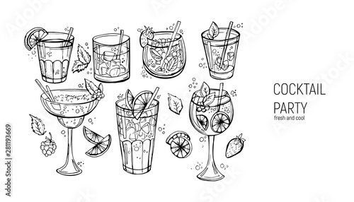 Set of classic alcoholic cocktails. Hand drawn vector illustration.