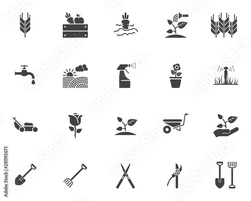 Gardening vector icons set, modern solid symbol collection, filled style pictogram pack. Signs, logo illustration. Set includes icons as spike of wheat, watering sprinkler, field, vegetable , seedling