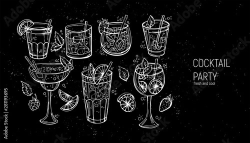 Set of classic alcoholic cocktails. Hand drawn vector illustration.