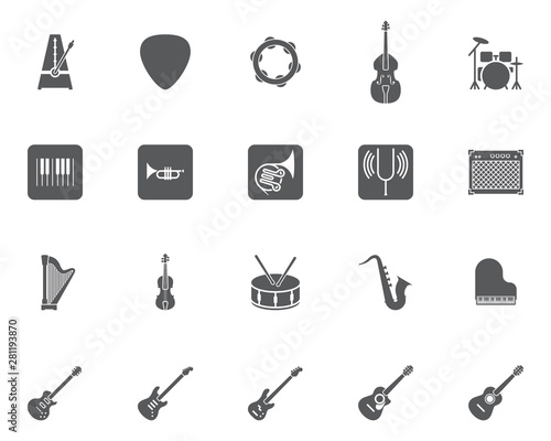 Music instruments vector icons set, modern solid symbol collection, filled style pictogram pack. Signs, logo illustration. Set includes icons as metronome, drums, acoustic guitar, violin, cello, harp