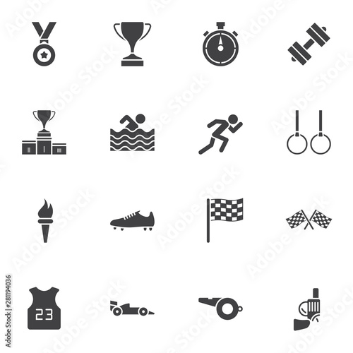 Sport equipment vector icons set, modern solid symbol collection, filled style pictogram pack. Signs, logo illustration. Set includes icons as award cup, gymnastic, swimming, olympic flame, stopwatch