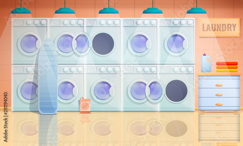 cartoon interior of laundry room with washing machines, vector illustration