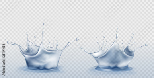 Water splash set in shape of crown with spray droplets and dispersing circles on liquid surface. Aqua dynamic motion on transparent background, hydration ad element. Realistic 3d vector Illustration