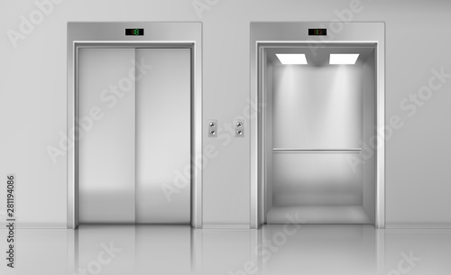 Lift doors, elevator close and open cabin with chrome metal buttons panel, empty building interior, office, hotel or dwelling transportation, lobby hallway indoors, Realistic 3d vector Illustration