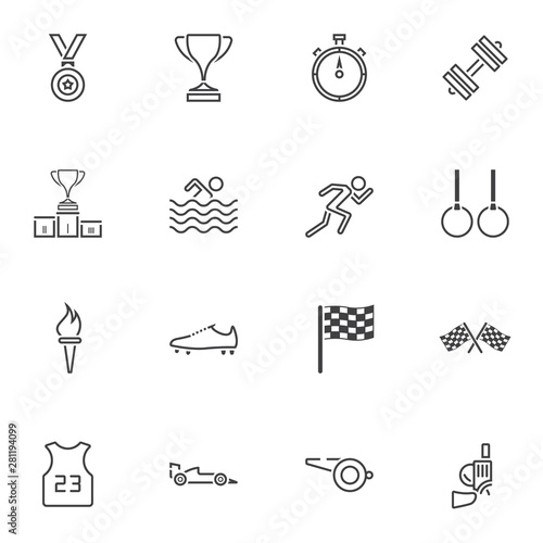 Sport equipment line icons set. linear style symbols collection, outline signs pack. vector graphics. Set includes icons as award cup, gymnastic rings, swimming, race flag, olympic flame, stopwatch