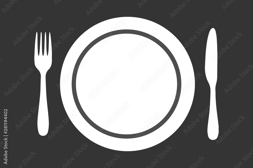Fork with knife and plate silhouette on the table. Empty copy space in the middle Fork with knife and plate silhouette on the table. Empty copy space in the middle