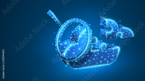 Magnifying glass on a Jigsaw Puzzle database cloud storage. Server integrity, data analysis, securety concept. Abstract, digital, wireframe, low poly mesh, vector blue neon 3d illustration. Line dot