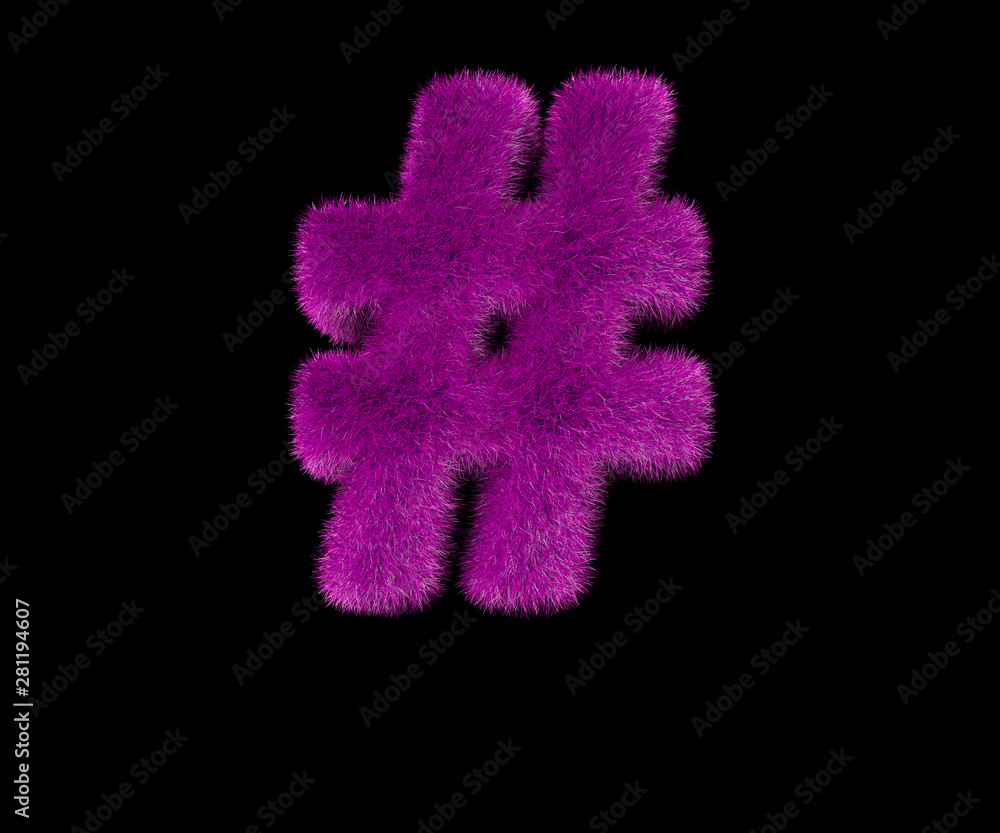 number sign of comical fashion pink wool font isolated on black, comical concept 3D illustration of symbols