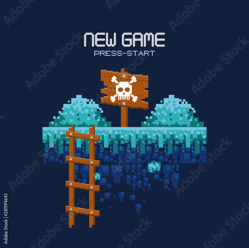 Retro videogame scenery with terrain pixelated