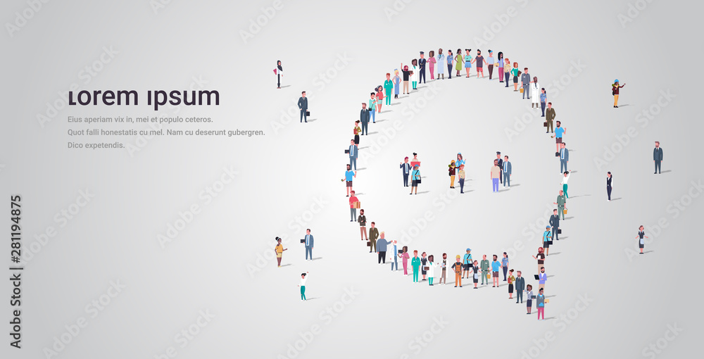 people crowd gathering in chat bubble speech icon shape social media communication concept different occupation employees group standing together full length horizontal copy space people crowd gathering in chat bubble speech icon shape social media communication concept different occupation employees group standing together full length horizontal copy space