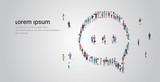people crowd gathering in chat bubble speech icon shape social media communication concept different occupation employees group standing together full length horizontal copy space