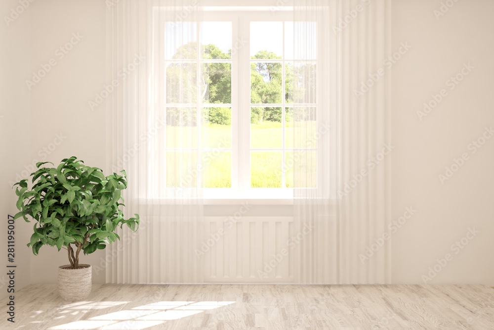 Stylish empty room in white color with summer landscape in window. Scandinavian interior design. 3D illustration Stylish empty room in white color with summer landscape in window. Scandinavian interior design. 3D illustration