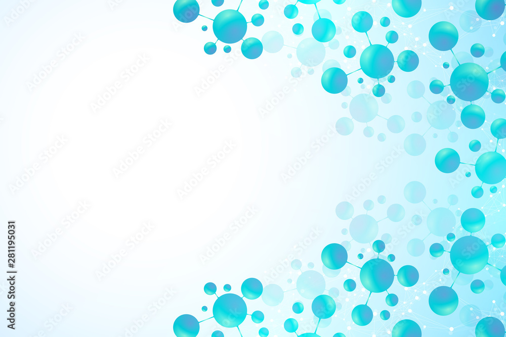 Abstract molecules background. DNA, Atoms. Molecular structure with blue spherical particles. Medical, science and technology innovation concept molecule background. Vector illustration Abstract molecules background. DNA, Atoms. Molecular structure with blue spherical particles. Medical, science and technology innovation concept molecule background. Vector illustration
