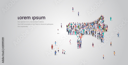 people crowd gathering in loudspeaker megaphone shape social media community announcement concept different occupation employees group standing together full length horizontal copy space