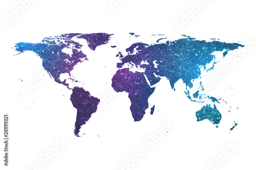 Global network connection plexus particle world map. World map point and line composition concept vector illustration of global business. Worldwide network connection