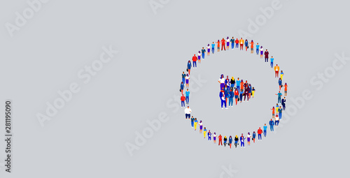 businesspeople crowd gathering in play button icon shape different business people group standing together social media community concept horizontal