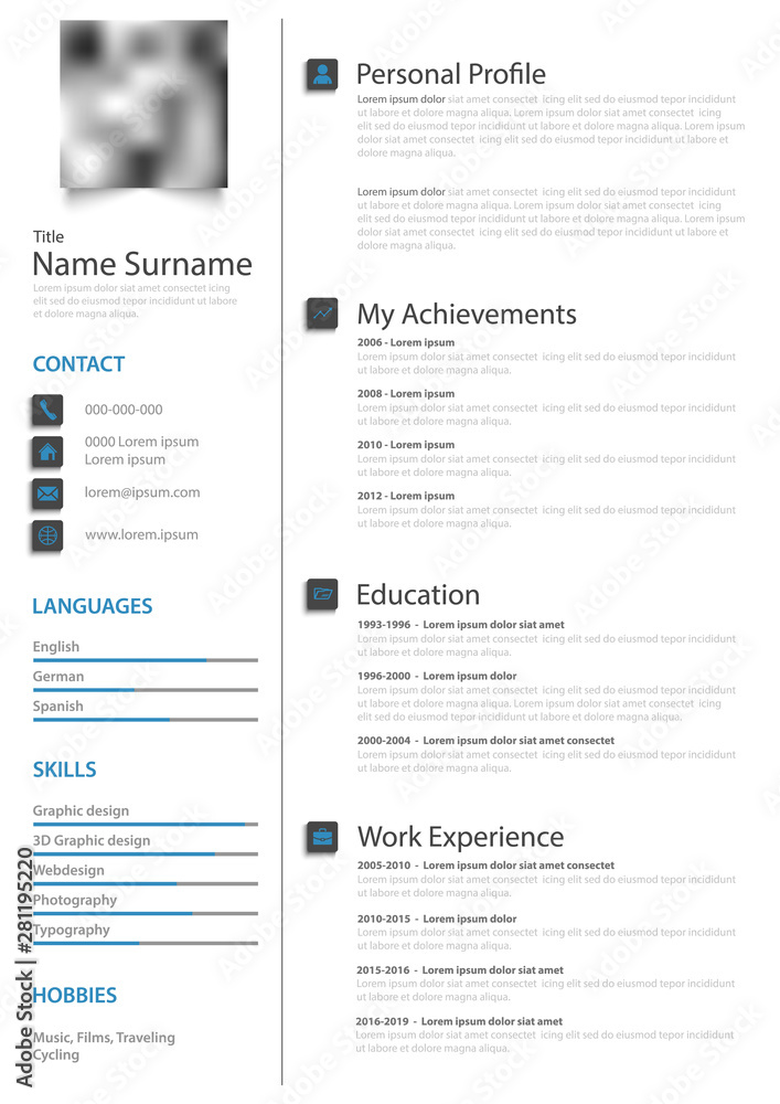 Professional personal resume cv in white blue design template Professional personal resume cv in white blue design template