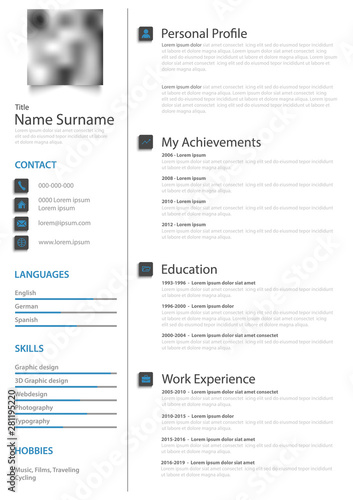 Professional personal resume cv in white blue design template