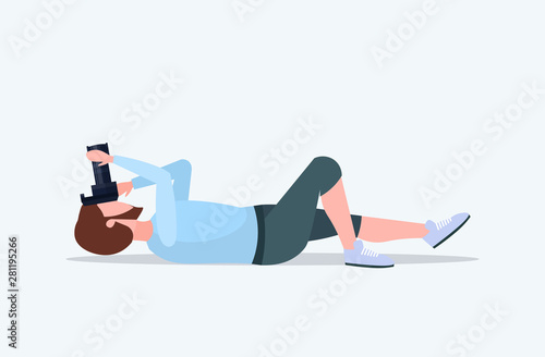 professional photographer taking photo with digital camera man lying and shooting male cartoon character full length flat horizontal