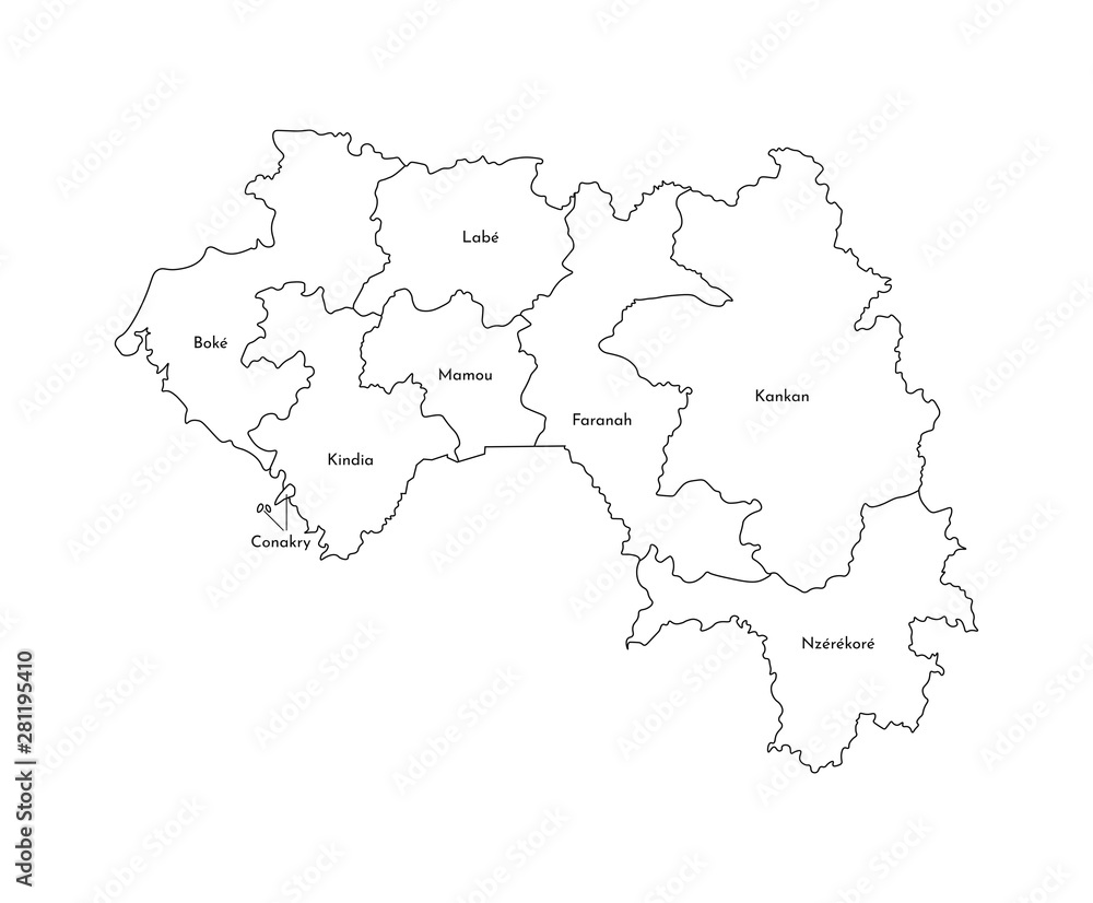 Vector isolated illustration of simplified administrative map of Guinea. Borders and names of the regions. Black line silhouettes
