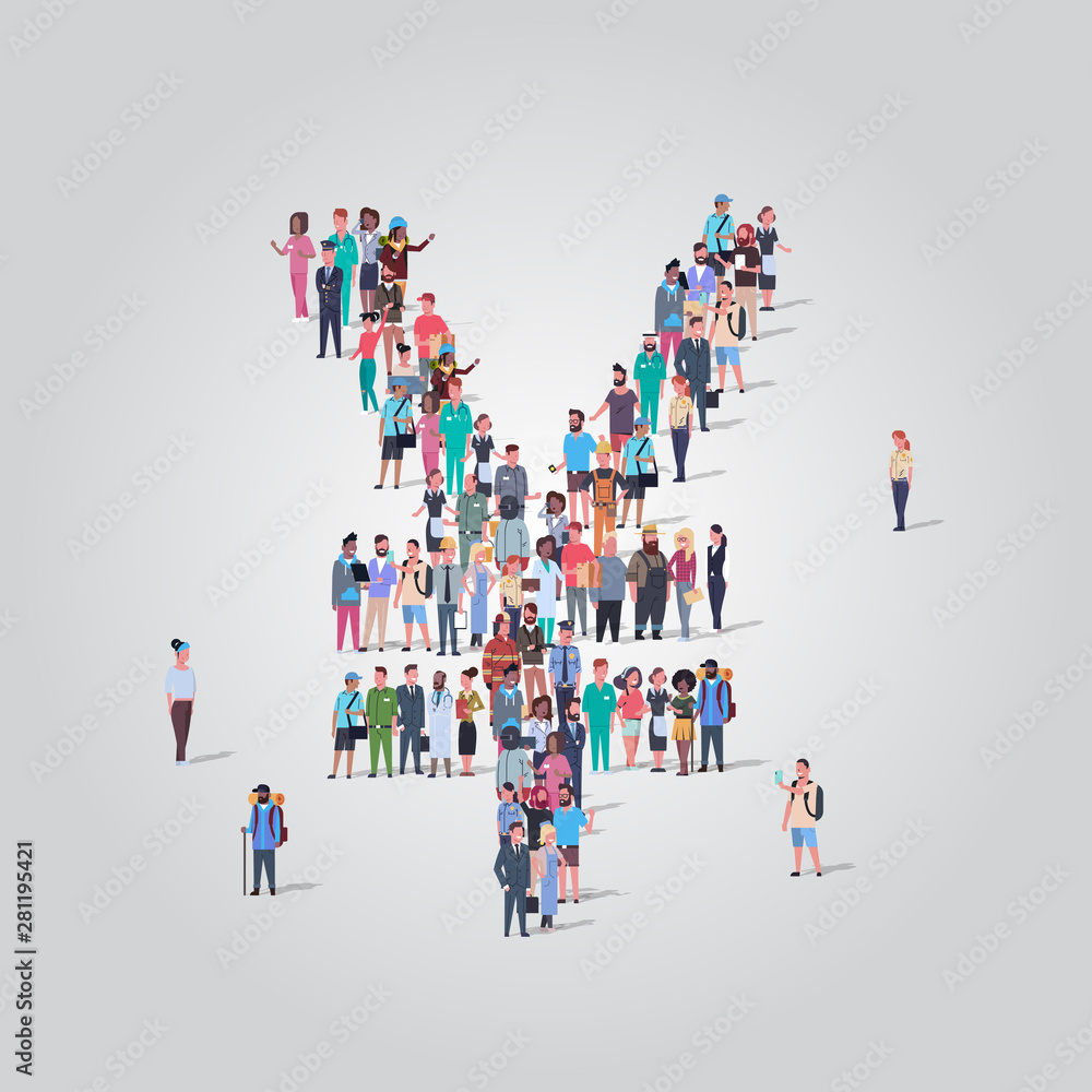 big people crowd gathering in shape of yuan symbol different occupation employees group standing together money currency concept full length big people crowd gathering in shape of yuan symbol different occupation employees group standing together money currency concept full length
