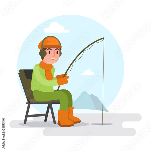 Illustration of a young man fishing on a frozen lake