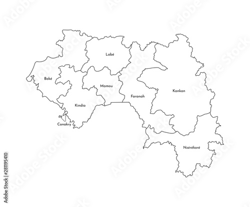 Vector isolated illustration of simplified administrative map of Guinea. Borders and names of the regions. Black line silhouettes