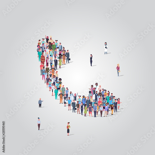 people crowd gathering in phone tube telephone receiver icon shape social media communication concept different occupation employees group standing together full length