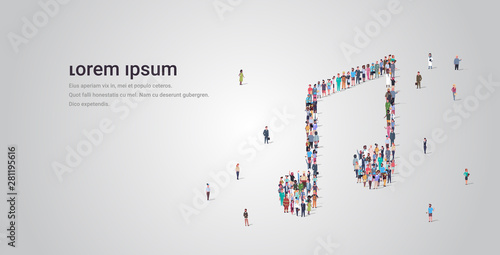 people crowd gathering in musical note shape social media community music concept different occupation employees group standing together full length horizontal copy space