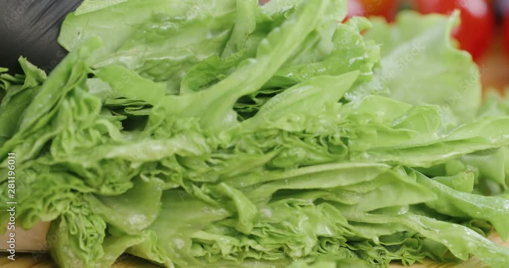 Chef cuts the salad leaves with a knife in slow motion, making a salad, fresh vegetables on a cutting board. Chef cuts the salad leaves with a knife in slow motion, making a salad, fresh vegetables on a cutting board.