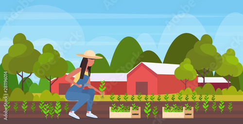female farmer planting agriculture seedlings african american woman agricultural worker gardening eco farming concept farmland countryside landscape flat full length horizontal